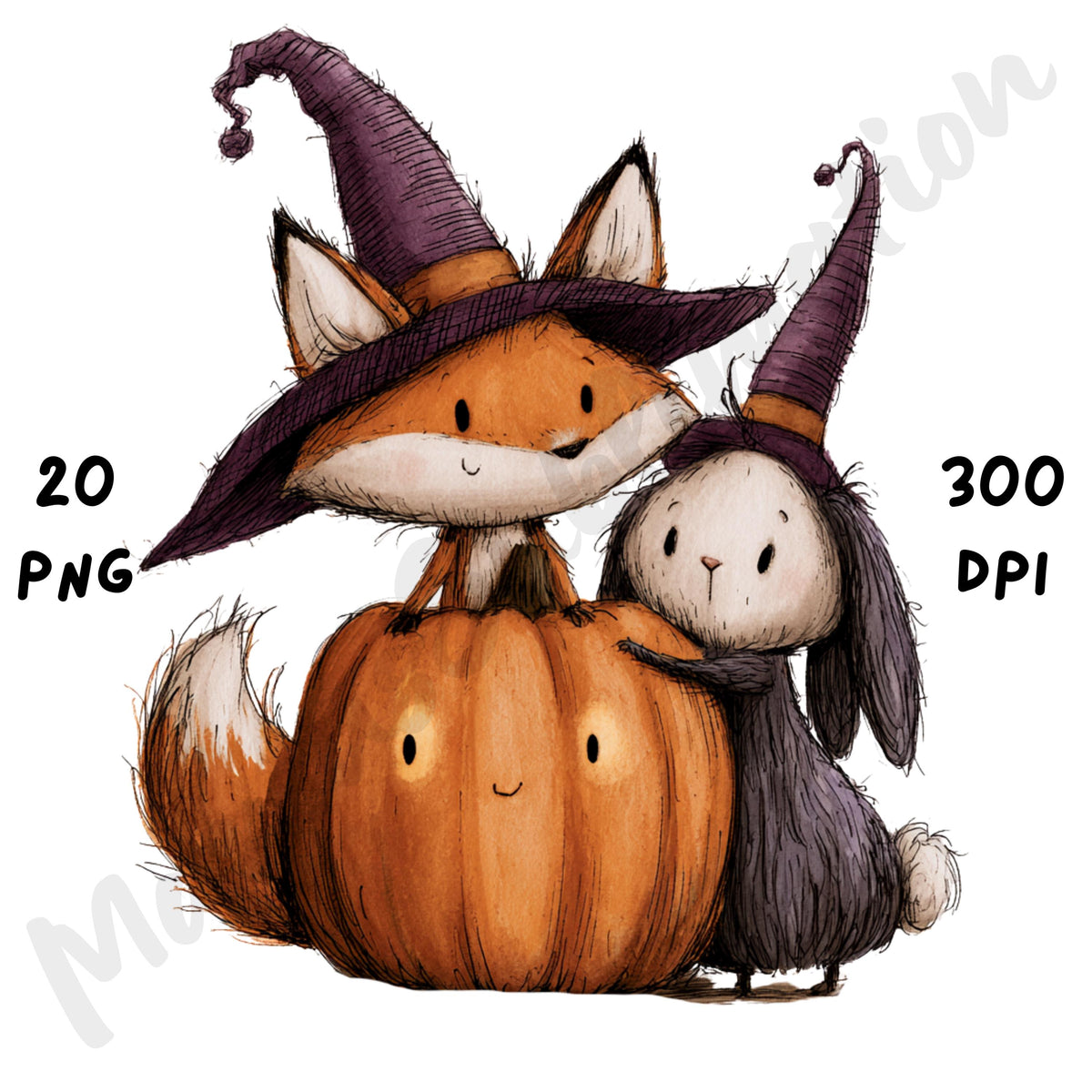 Whimsical Halloween Friends Clipart – Quirky Woodland Animal Watercolor PNG