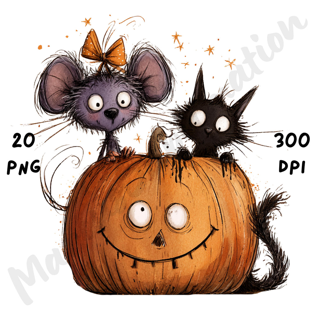 Whimsical Halloween Friends Clipart – Quirky Woodland Animal Watercolor PNG