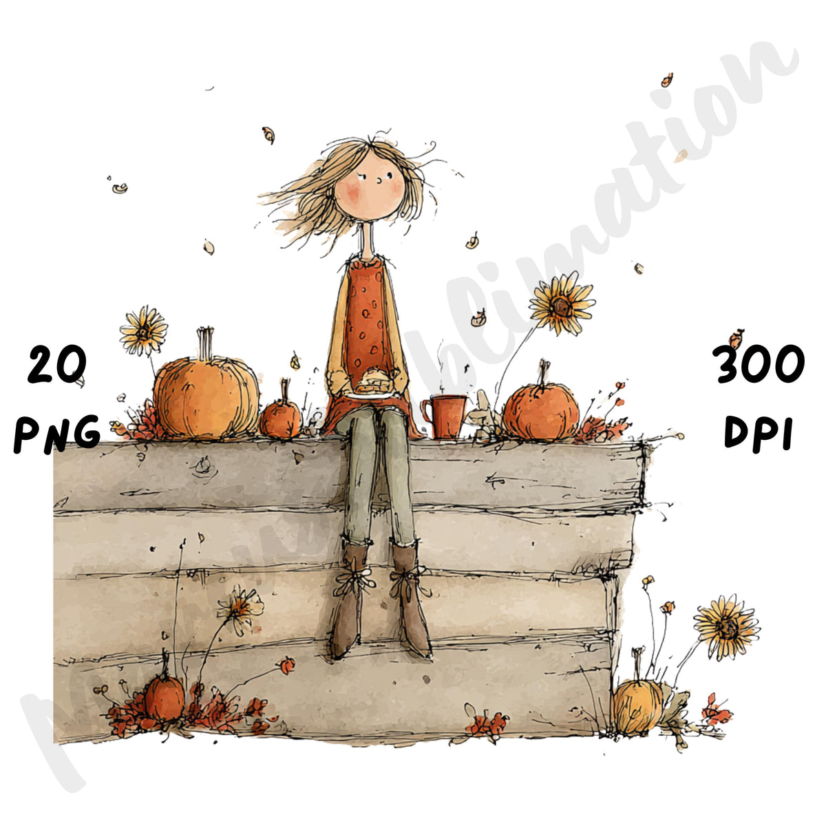 Whimsical Fall Farm Girl Clipart