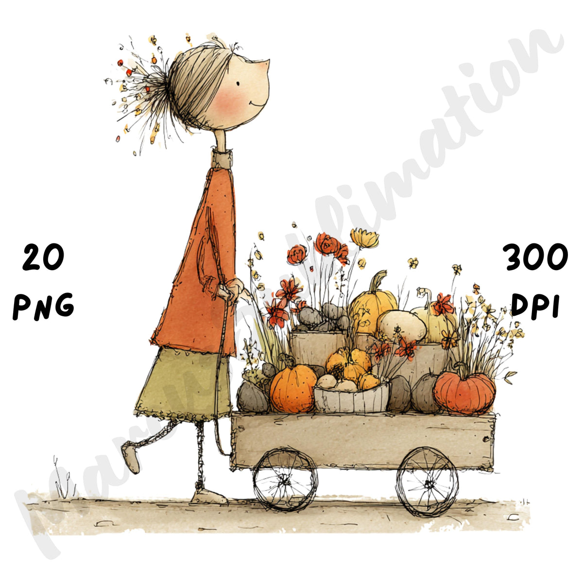 Whimsical Fall Farm Girl Clipart