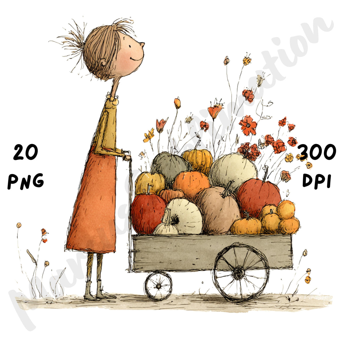 Whimsical Fall Farm Girl Clipart