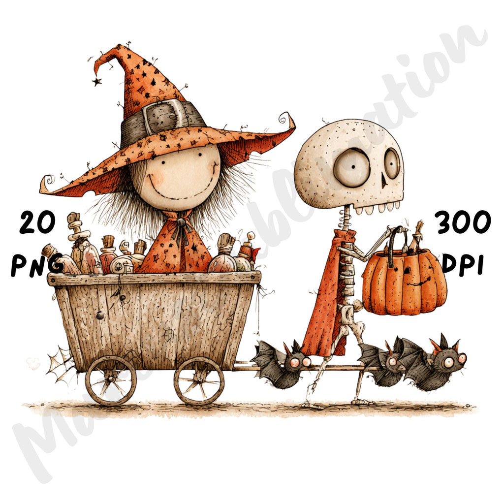 Whimsical Halloween Friends Clipart – Quirky Halloween Character Watercolor PNG