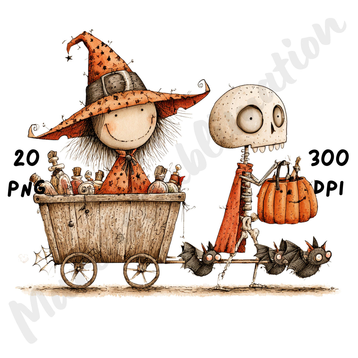 Whimsical Halloween Friends Clipart – Quirky Halloween Character Watercolor PNG