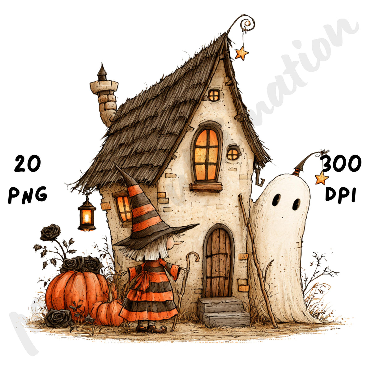 Whimsical Halloween Friends Clipart – Quirky Halloween Character Watercolor PNG