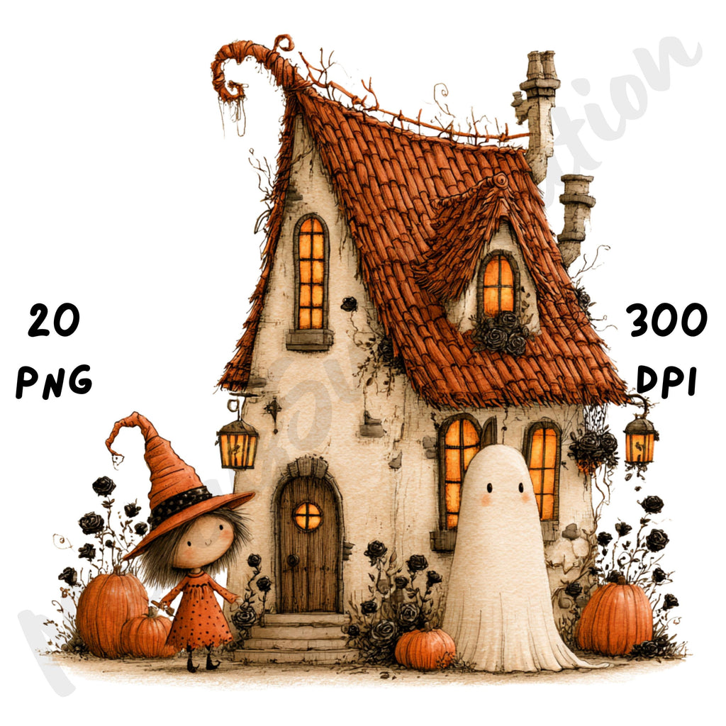 Whimsical Halloween Friends Clipart – Quirky Halloween Character Watercolor PNG