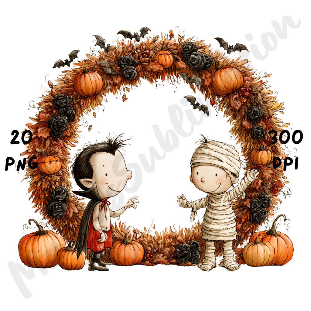 Whimsical Halloween Friends Clipart – Quirky Halloween Character Watercolor PNG