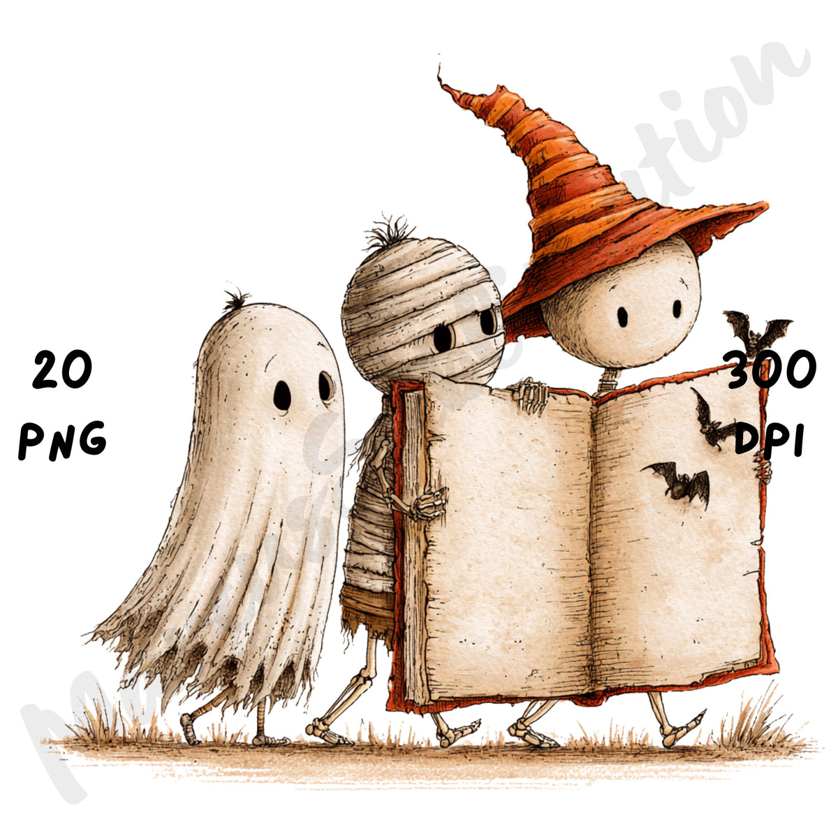 Whimsical Halloween Friends Clipart – Quirky Halloween Character Watercolor PNG