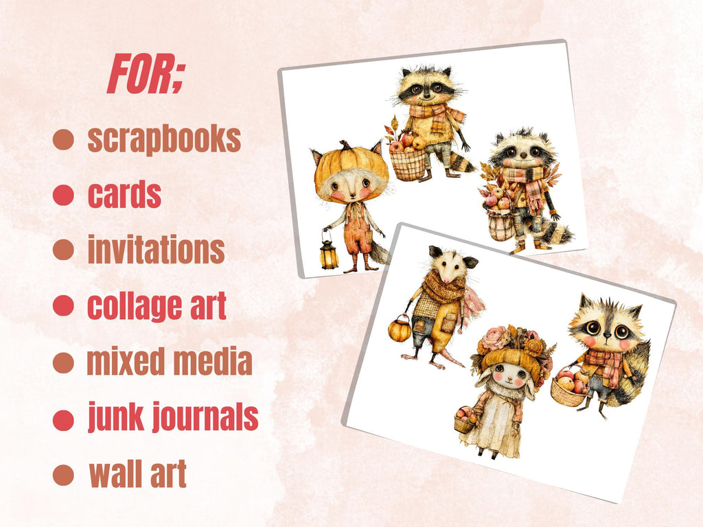 Fall Animals Fussy Cuts & Clipart, Whimsy Autumn Animal Cut Outs, Woodland Ephemera, Junk Journal Scrapbook Kit