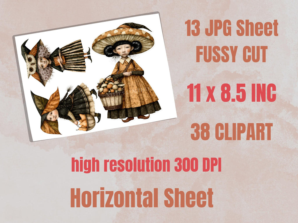 Fall Witch Fussy Cuts & Clipart, Printable Witchcraft Cut Outs, Autumn Halloween Ephemera, Junk Journal Scrapbook Kit