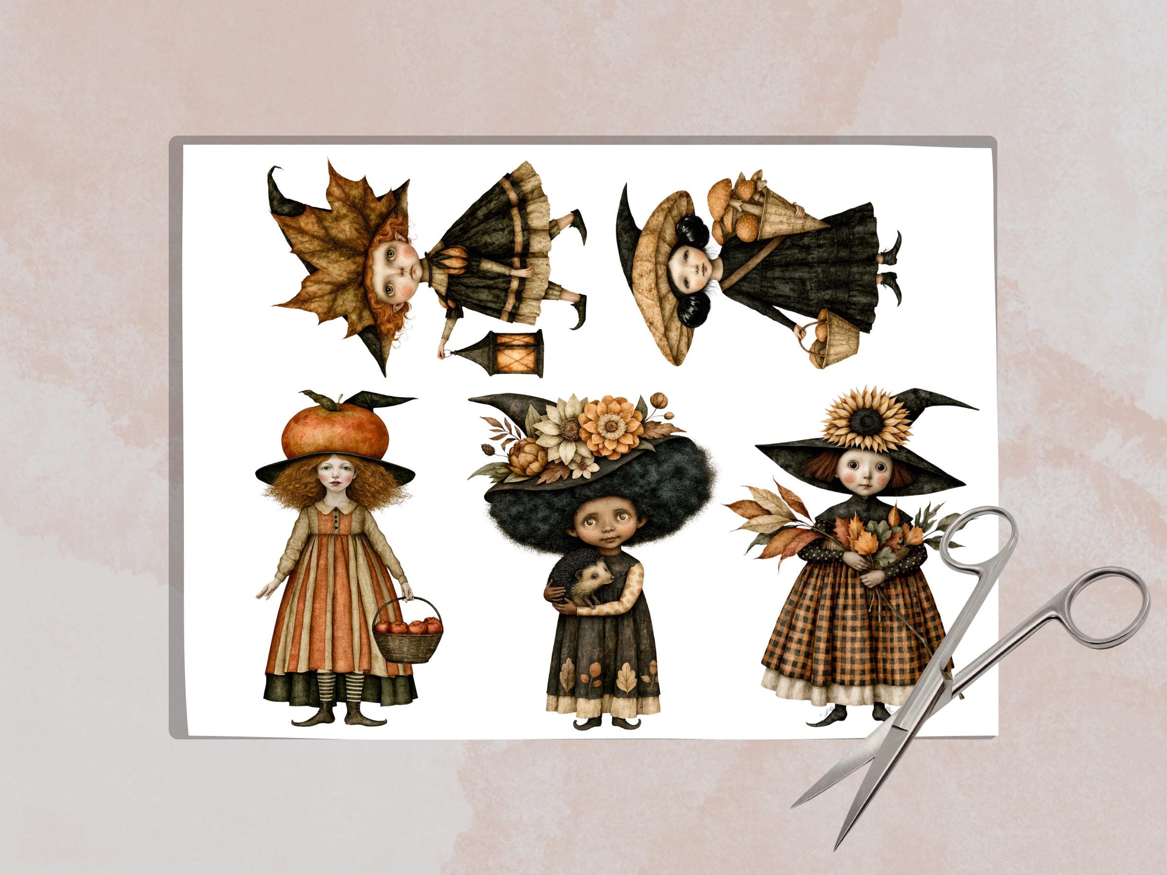 Fall Witch Fussy Cuts & Clipart, Printable Witchcraft Cut Outs, Autumn Halloween Ephemera, Junk Journal Scrapbook Kit