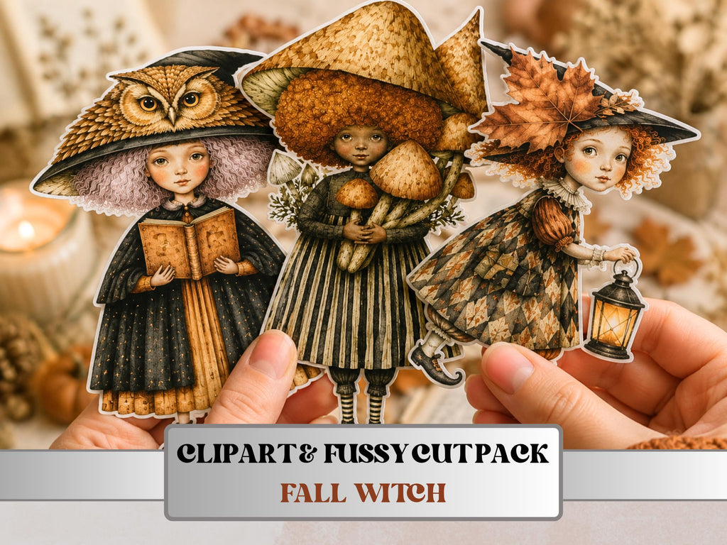 Fall Witch Fussy Cuts & Clipart, Printable Witchcraft Cut Outs, Autumn Halloween Ephemera, Junk Journal Scrapbook Kit