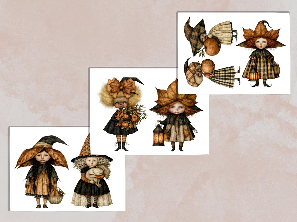 Fall Witch Fussy Cuts & Clipart, Printable Witchcraft Cut Outs, Autumn Halloween Ephemera, Junk Journal Scrapbook Kit