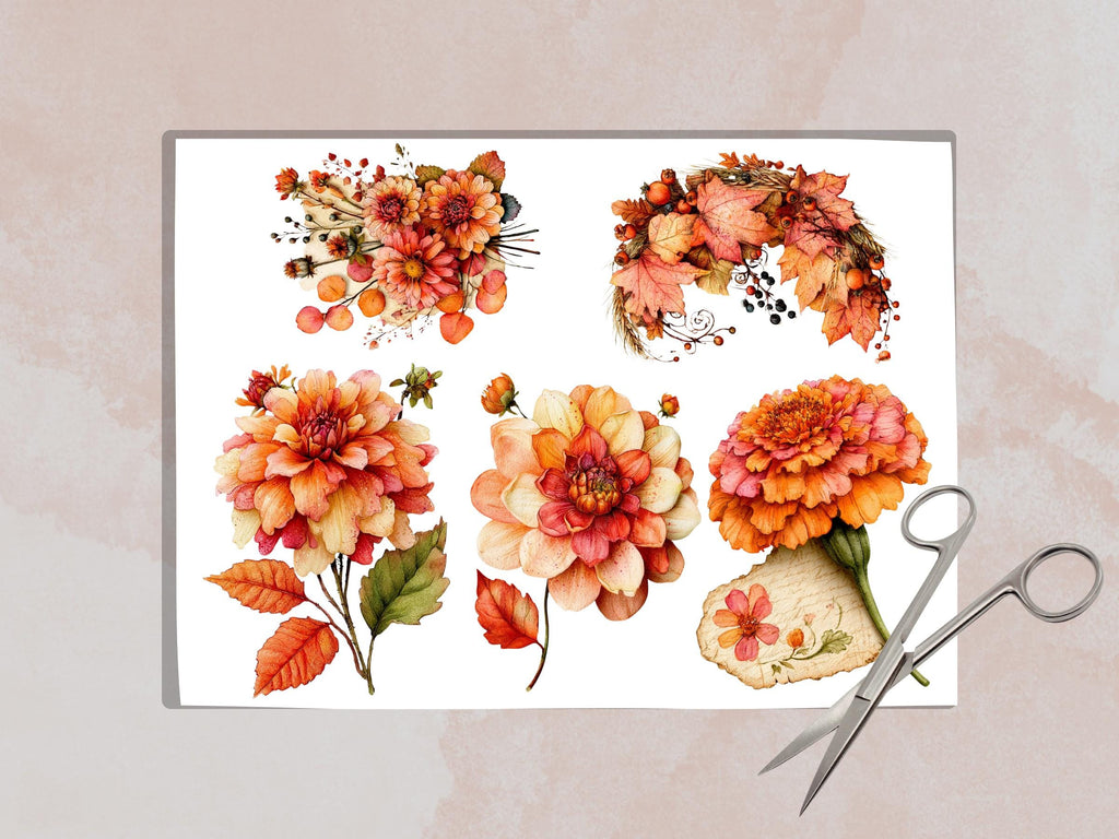 Fall Flowers Fussy Cuts & Clipart, Printable Autumn Floral Cut Outs, Botanical Ephemera, Junk Journal Scrapbook Kit