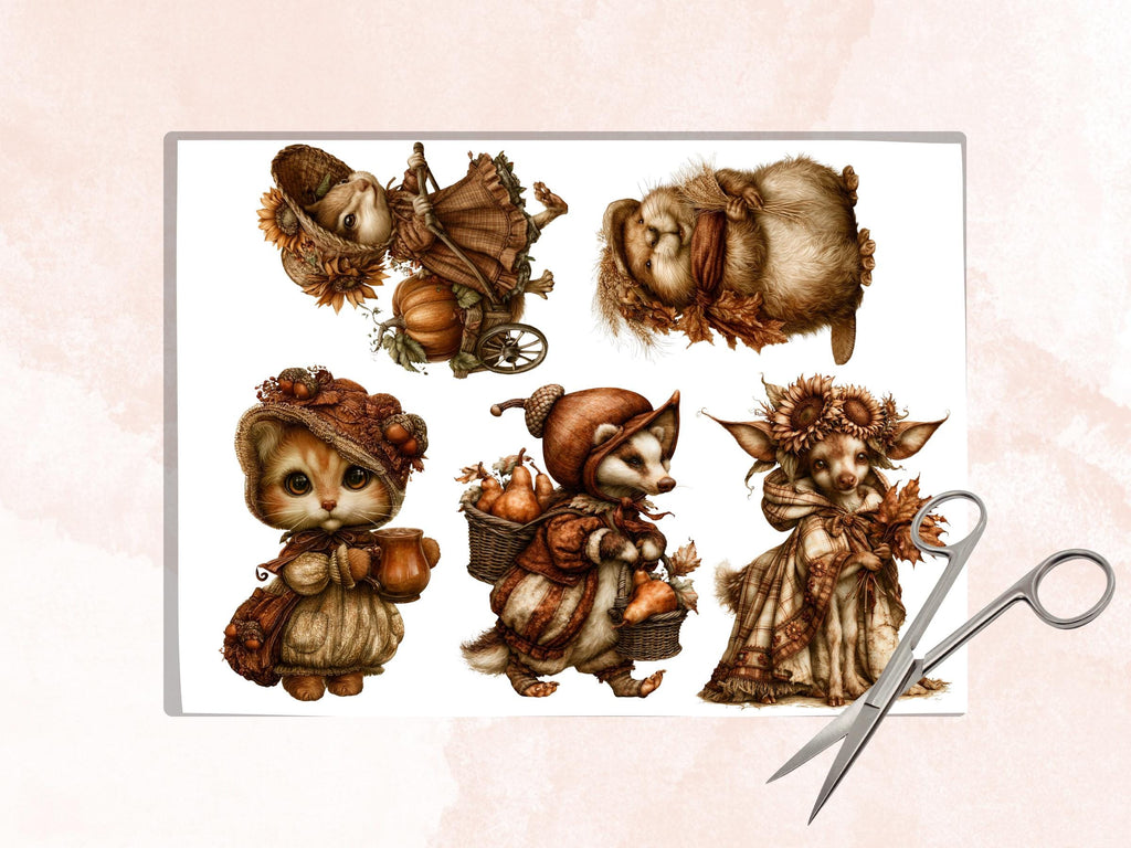 Fall Animals Fussy Cuts & Clipart, Whimsical Autumn Animal Cut Outs, Woodland Ephemera, Junk Journal Scrapbook Kit, Quirky Paper Craft