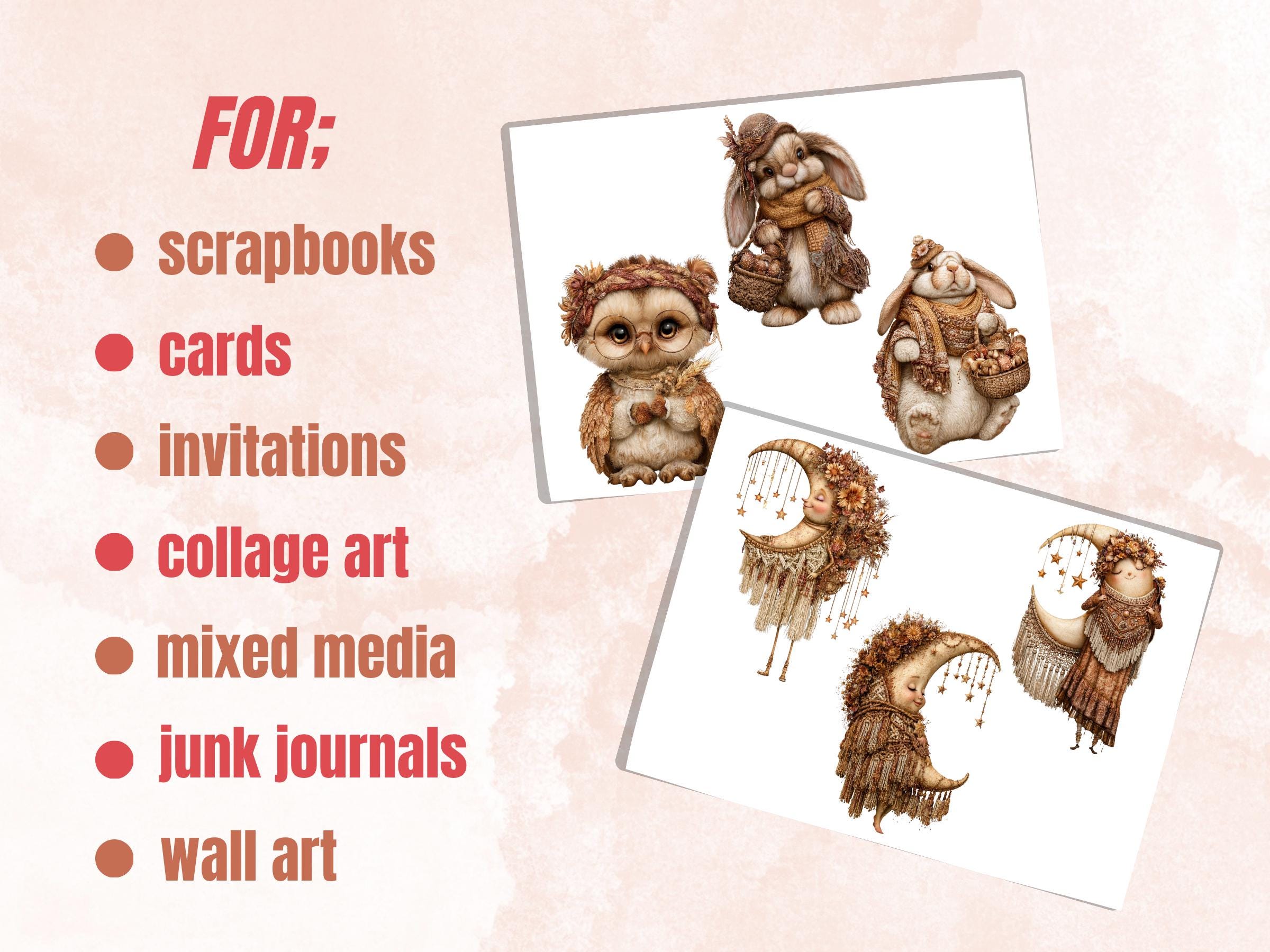 Boho Fall Fussy Cuts & Clipart, Printable Autumn Boho Cut Outs, Bohemian Ephemera, Junk Journal Scrapbook Kit, Whimsical Paper Craft