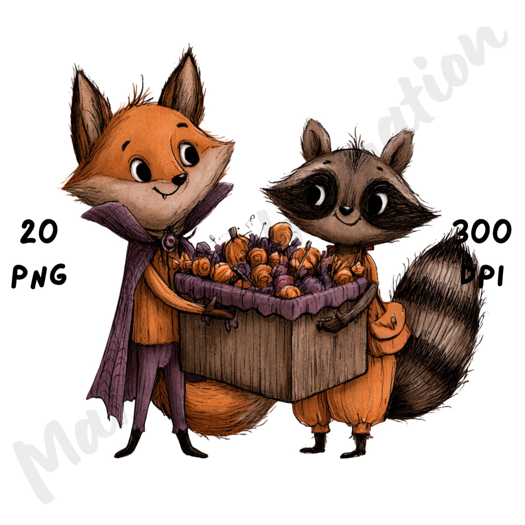 Whimsical Halloween Friends Clipart – Quirky Woodland Animal Watercolor PNG