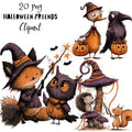 Whimsical Halloween Friends Clipart – Quirky Woodland Animal Watercolor PNG