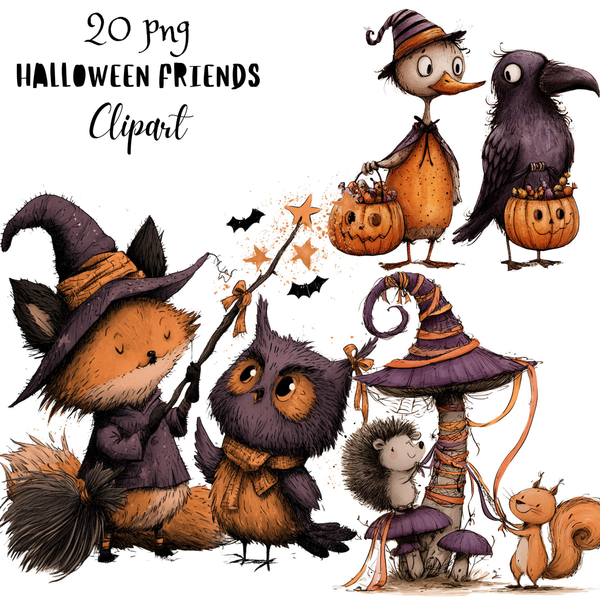 Whimsical Halloween Friends Clipart – Quirky Woodland Animal Watercolor PNG