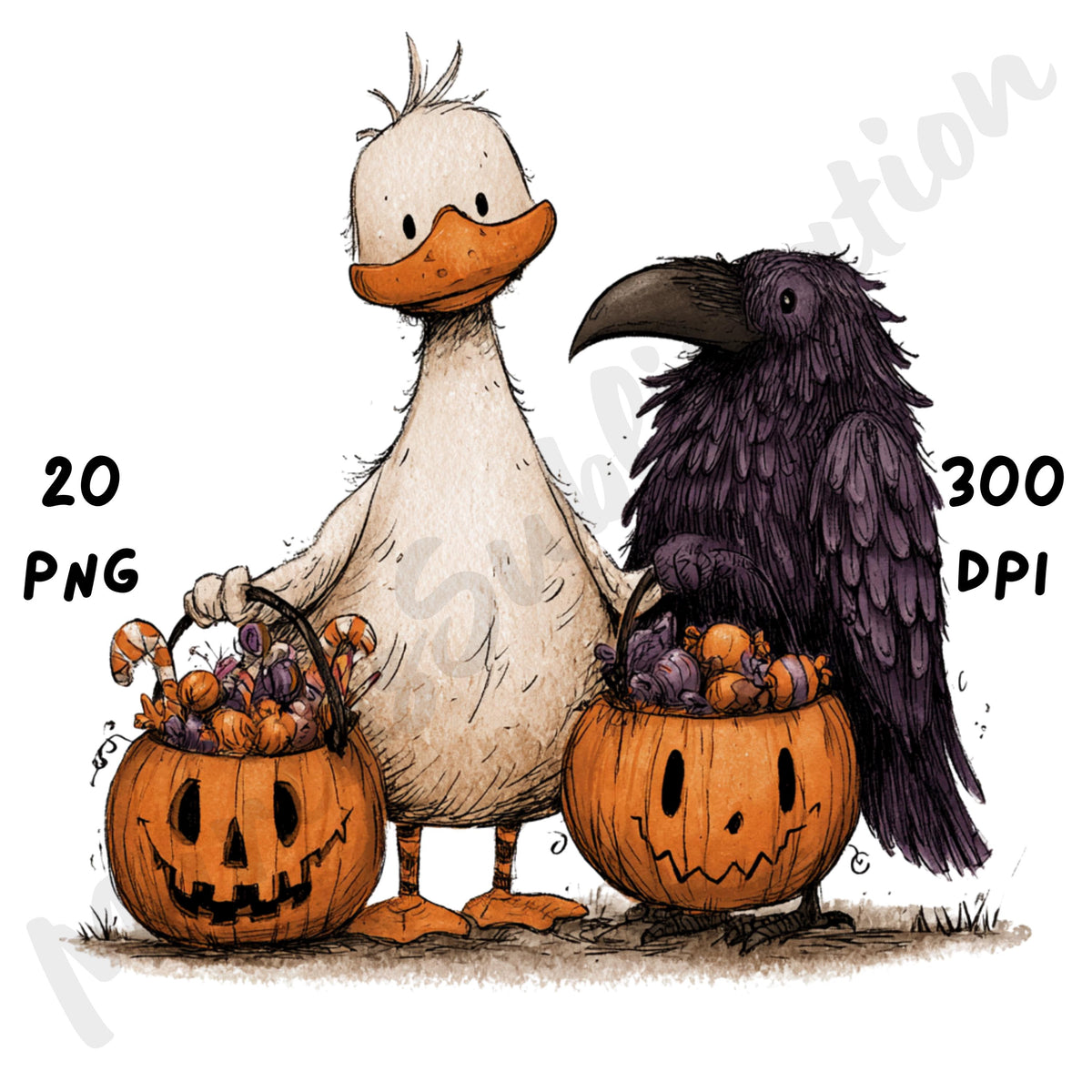 Whimsical Halloween Friends Clipart – Quirky Woodland Animal Watercolor PNG