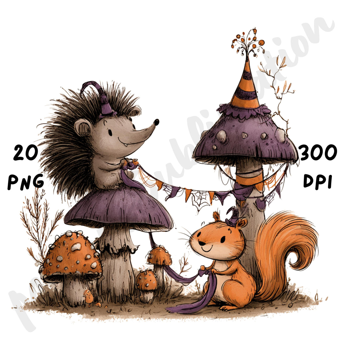 Whimsical Halloween Friends Clipart – Quirky Woodland Animal Watercolor PNG