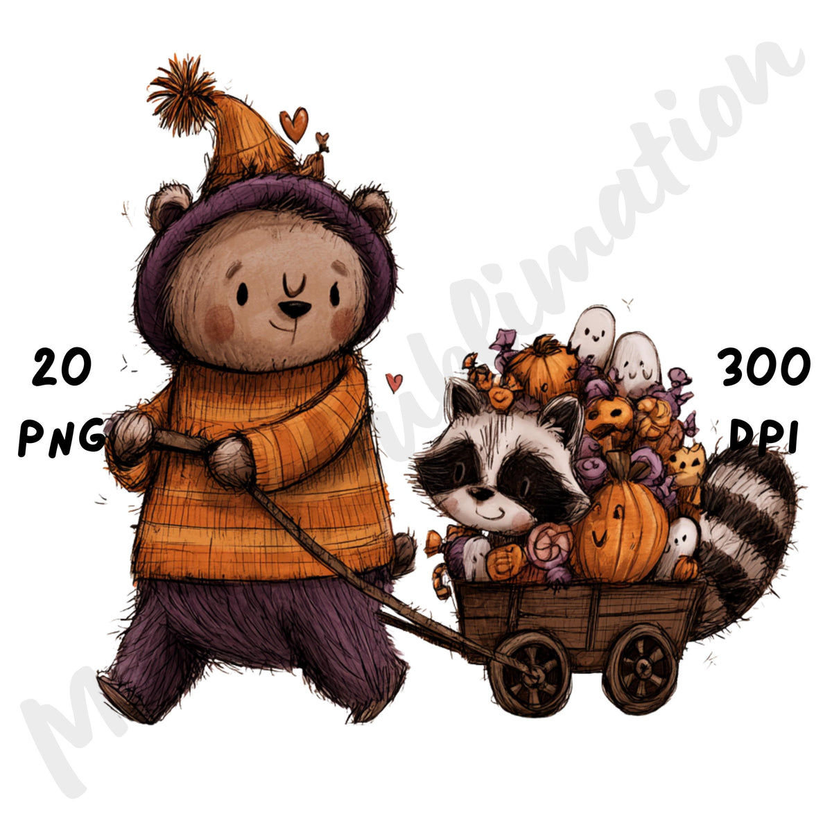 Whimsical Halloween Friends Clipart – Quirky Woodland Animal Watercolor PNG
