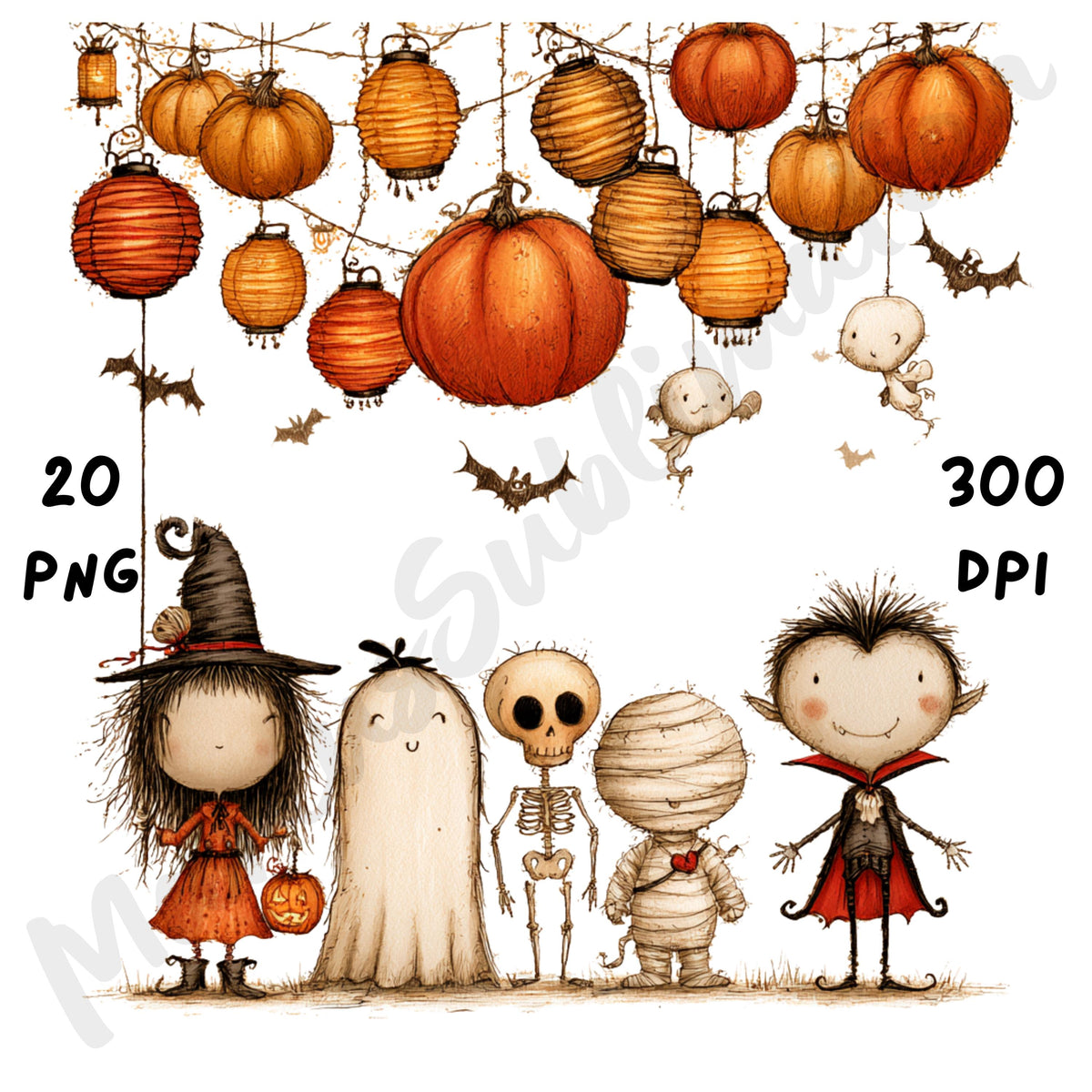 Whimsical Halloween Friends Clipart – Quirky Halloween Character Watercolor PNG