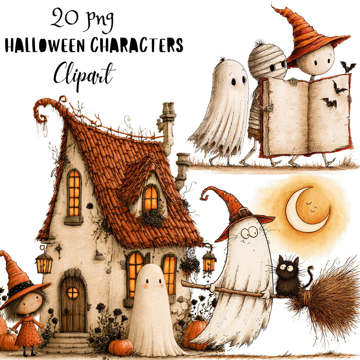 Whimsical Halloween Friends Clipart – Quirky Halloween Character Watercolor PNG