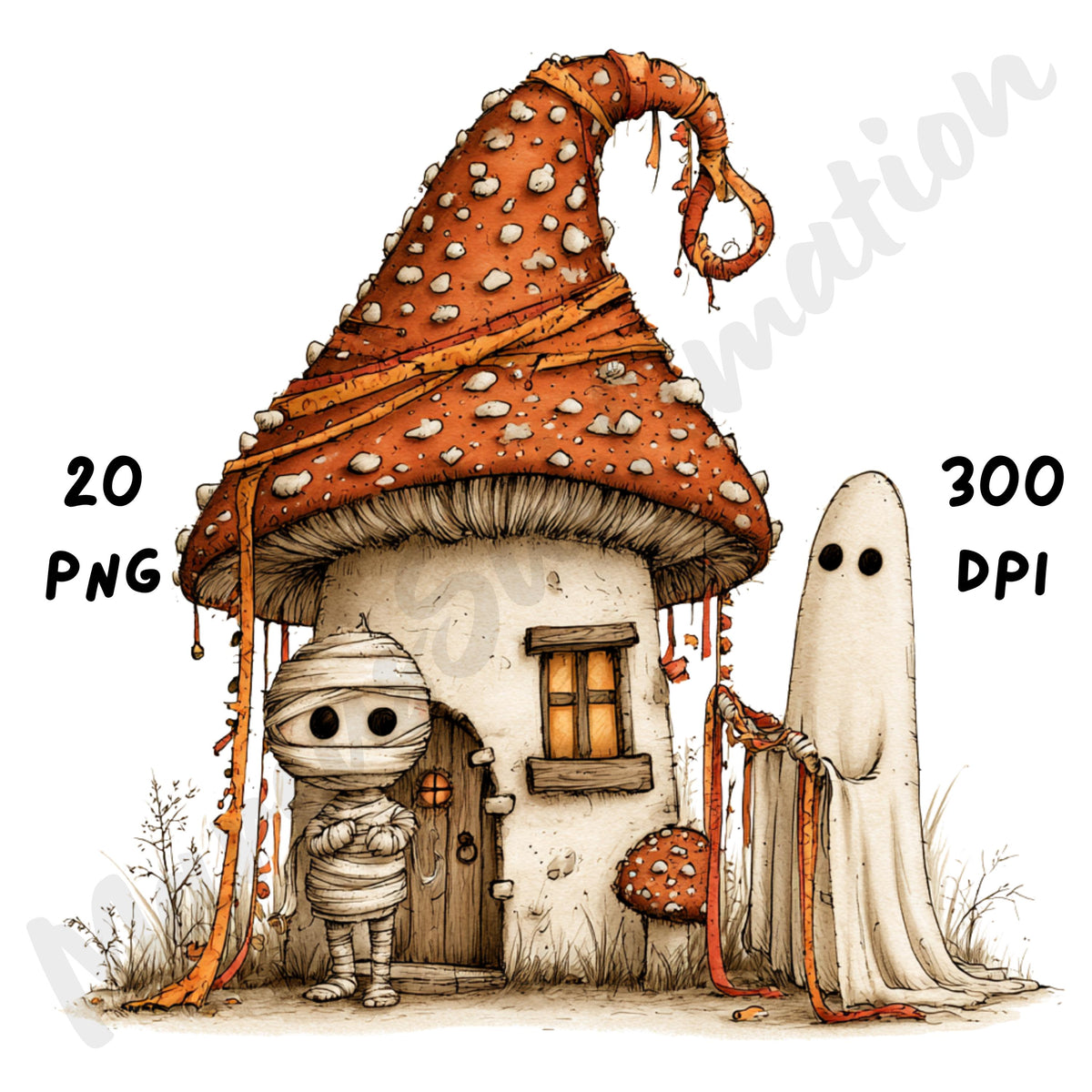 Whimsical Halloween Friends Clipart – Quirky Halloween Character Watercolor PNG