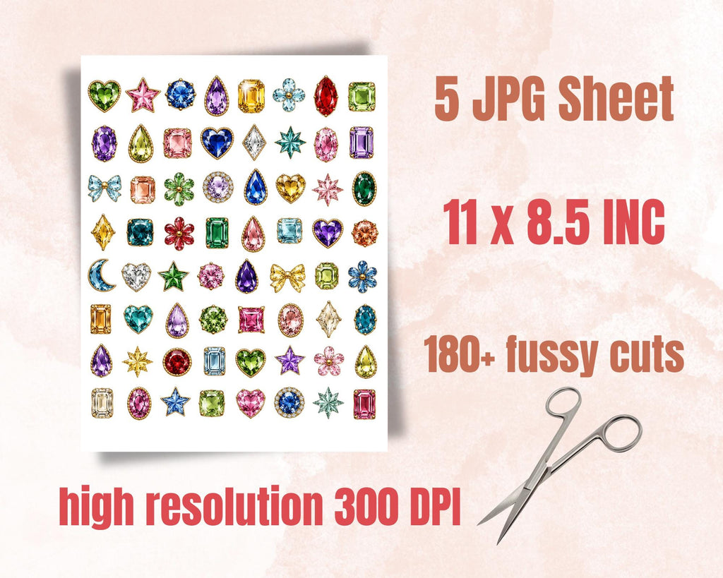 180+ Gemstone Fussy Cuts Printable, Jewel Crystal Ephemera, Colorful Gem Cut Outs for Junk Journal, Scrapbook, Collage & Paper Crafts