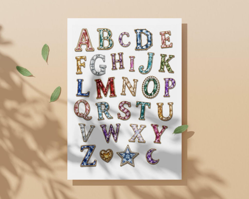 Gemstone Alphabet Fussy Cuts, 150+ Jewel Letters & Numbers, 5 Printable Sheets for Journals