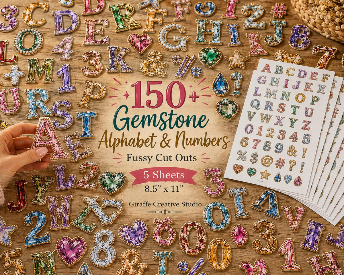 Gemstone Alphabet Fussy Cuts, 150+ Jewel Letters & Numbers, 5 Printable Sheets for Journals
