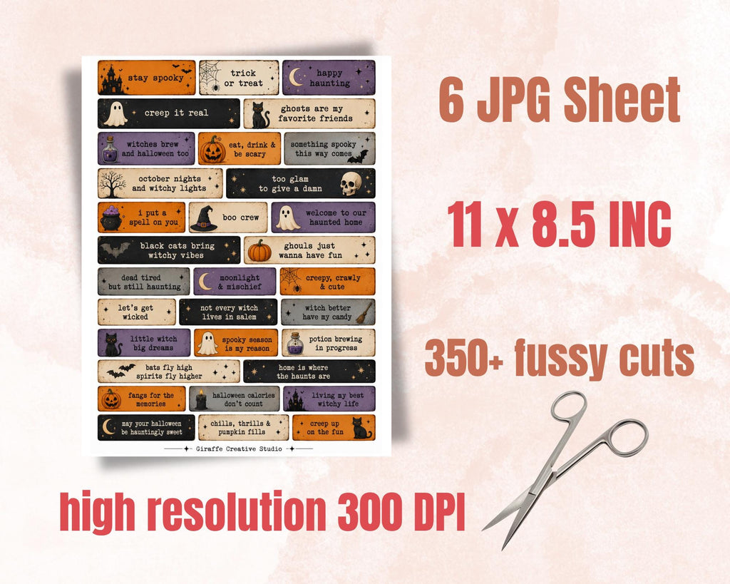 350+ Halloween Phrase Fussy Cuts Printable, Spooky Words Quote Strips, Witchy Text Ephemera for Junk Journal, Scrapbook, Collage Card Making