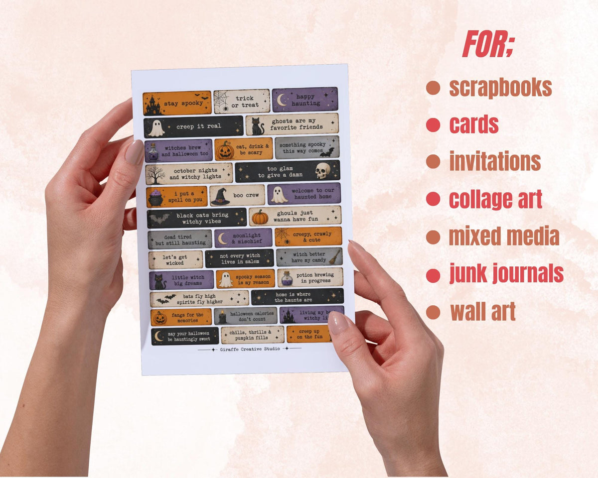 350+ Halloween Phrase Fussy Cuts Printable, Spooky Words Quote Strips, Witchy Text Ephemera for Junk Journal, Scrapbook, Collage Card Making