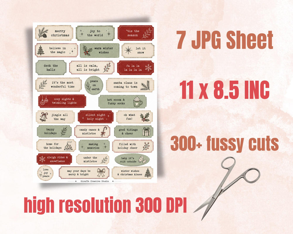 300+ Christmas Phrase Fussy Cuts Printable, Holiday Words & Quote Strips, Festive Text Ephemera for Journal, Scrapbook, Collage Card Making