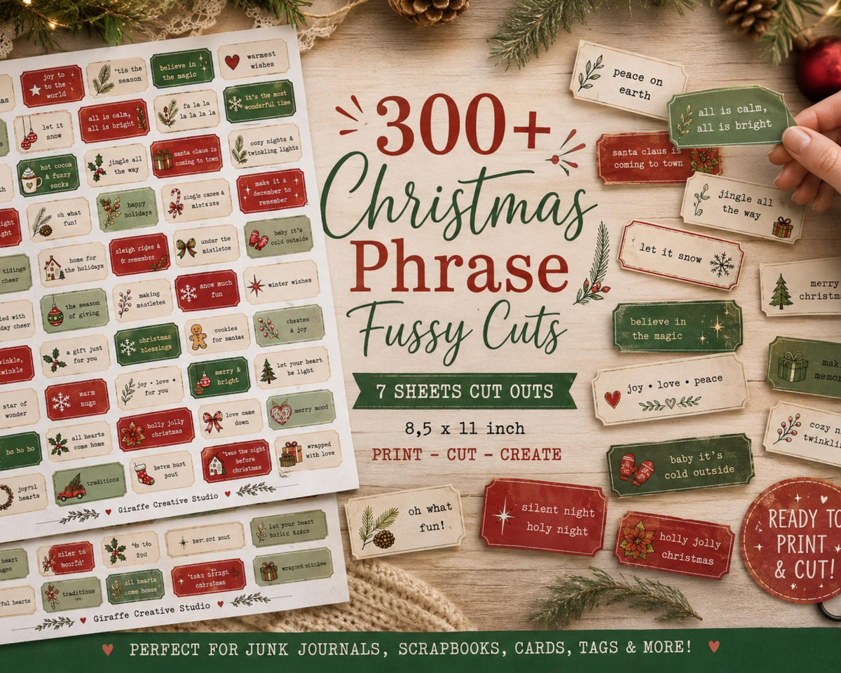 300+ Christmas Phrase Fussy Cuts Printable, Holiday Words & Quote Strips, Festive Text Ephemera for Journal, Scrapbook, Collage Card Making