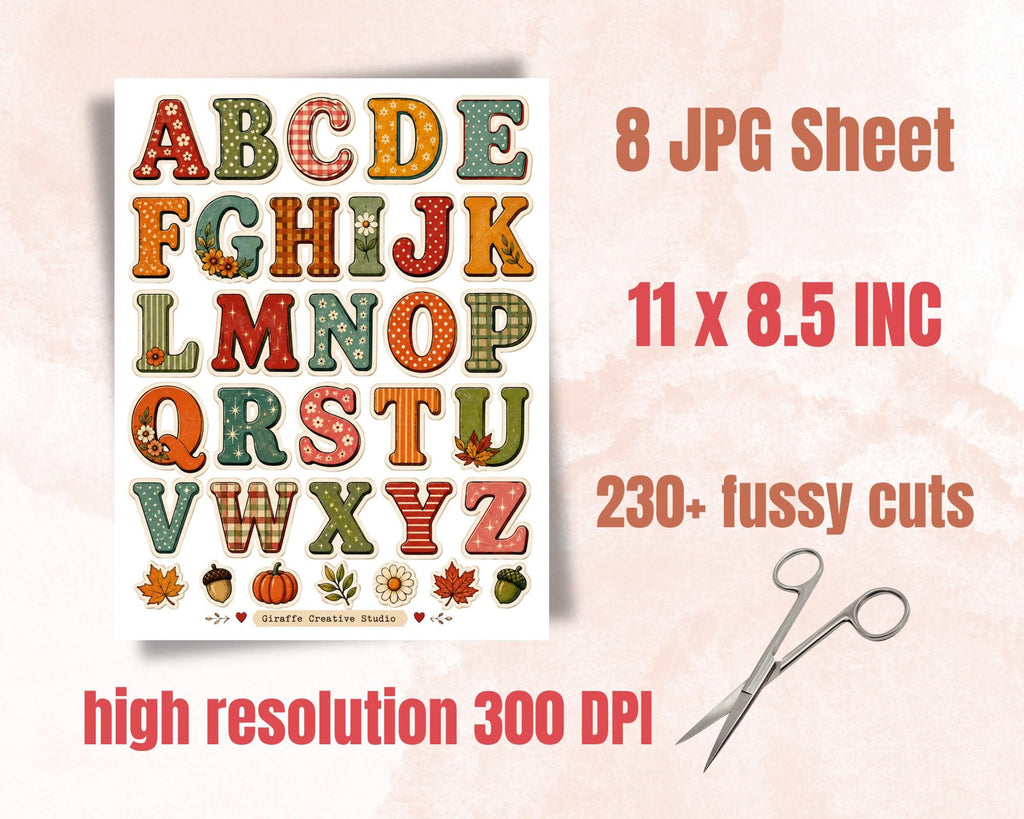 230+ Fall Alphabet & Numbers Printable, Autumn Letters and Numbers Fussy Cuts, Typography for Junk Journal, Scrapbook, Collage Crafts