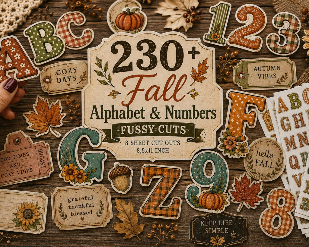 230+ Fall Alphabet & Numbers Printable, Autumn Letters and Numbers Fussy Cuts, Typography for Junk Journal, Scrapbook, Collage Crafts