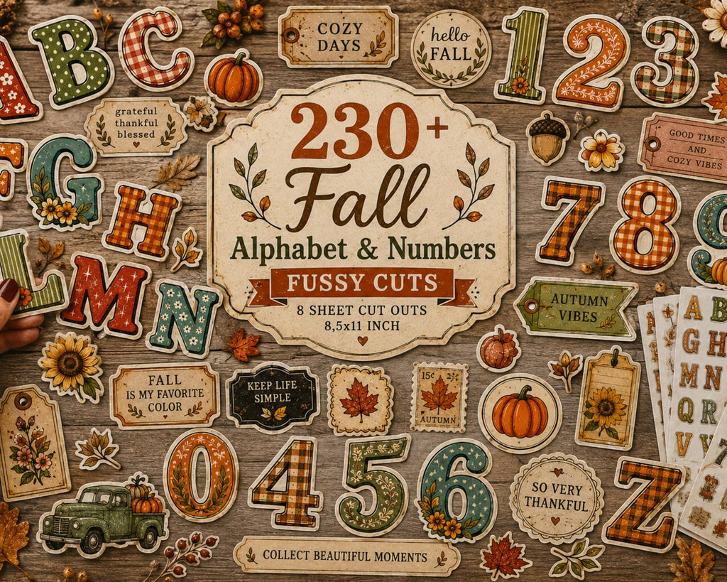 230+ Fall Alphabet & Numbers Printable, Autumn Letters and Numbers Fussy Cuts, Typography for Junk Journal, Scrapbook, Collage Crafts