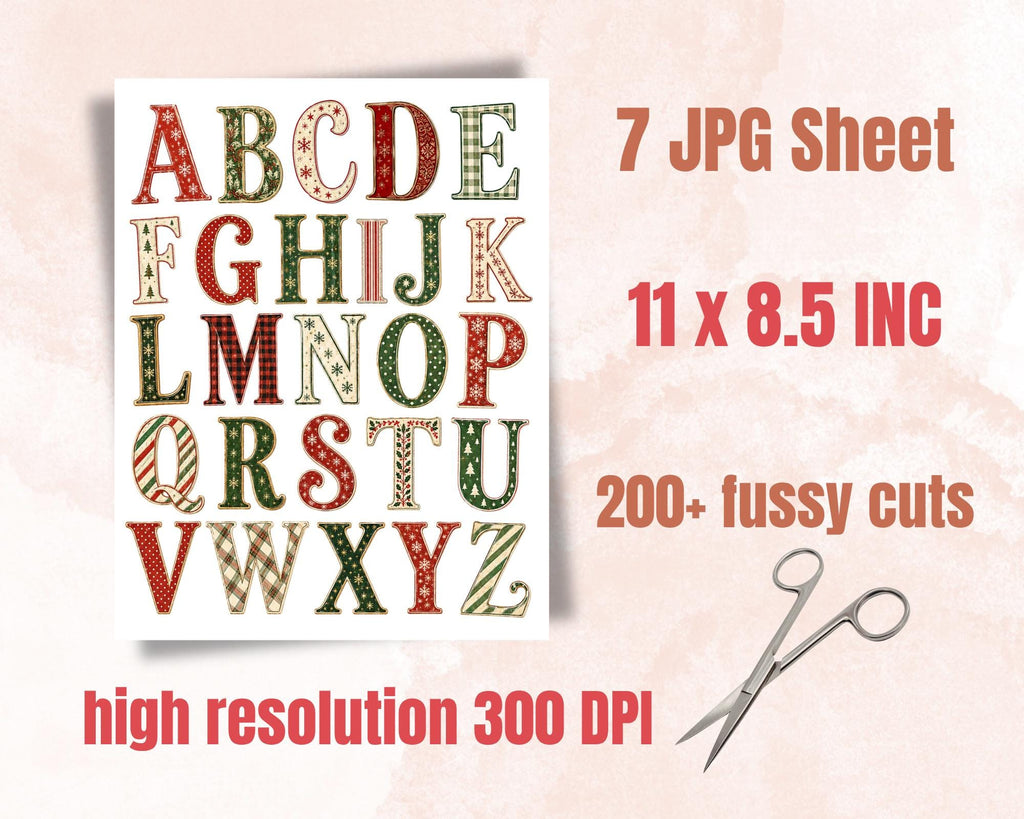 200+ Christmas Alphabet & Numbers Printable, Festive Letters and Number Fussy Cuts, Holiday Alphabet for Junk Journal, Scrapbook, Collage