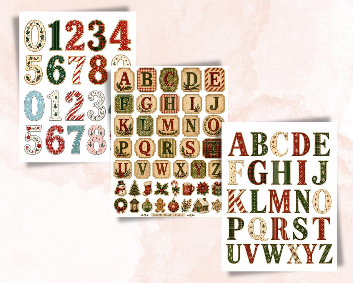 200+ Christmas Alphabet & Numbers Printable, Festive Letters and Number Fussy Cuts, Holiday Alphabet for Junk Journal, Scrapbook, Collage