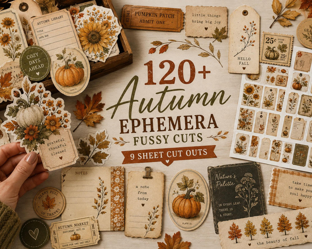 120+ Autumn Ephemera Fussy Cuts Printable, Fall Junk Journal Cut Outs, Seasonal Collage Elements for Scrapbook, Card Making & Paper Crafts