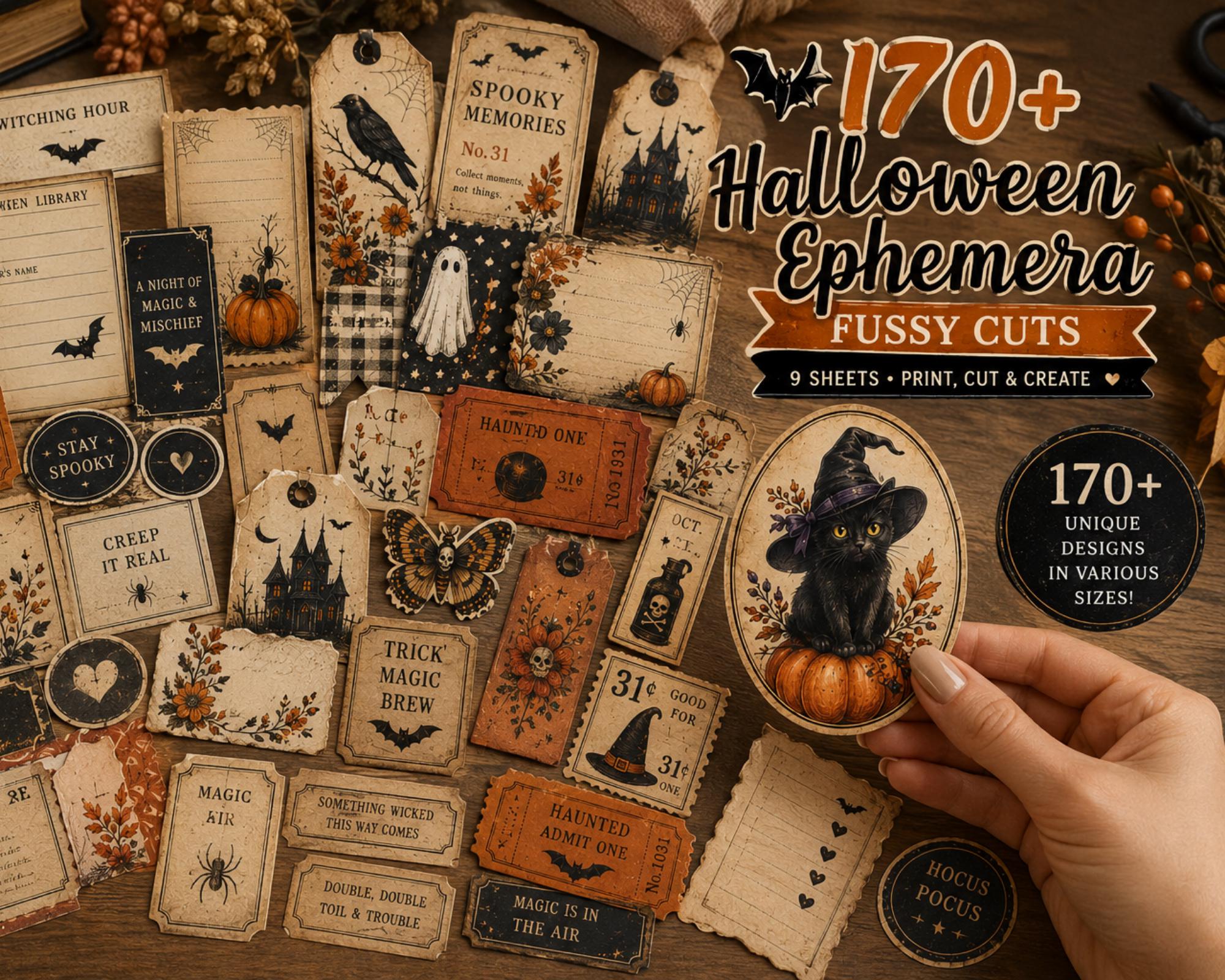 170+ Halloween Ephemera Fussy Cuts Printable, Spooky Journal Cut Outs, Witchy Vintage Collage Elements for Scrapbook, Card Making & Crafts