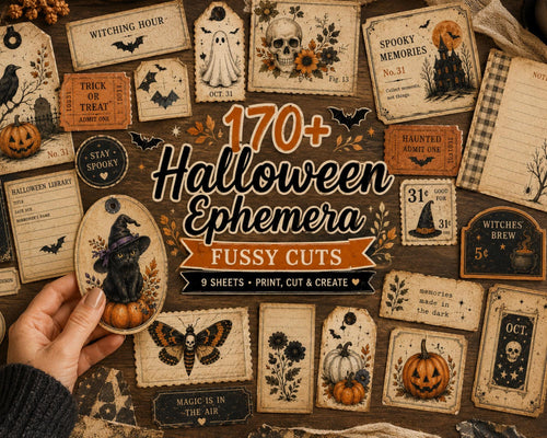170+ Halloween Ephemera Fussy Cuts Printable, Spooky Journal Cut Outs, Witchy Vintage Collage Elements for Scrapbook, Card Making & Crafts