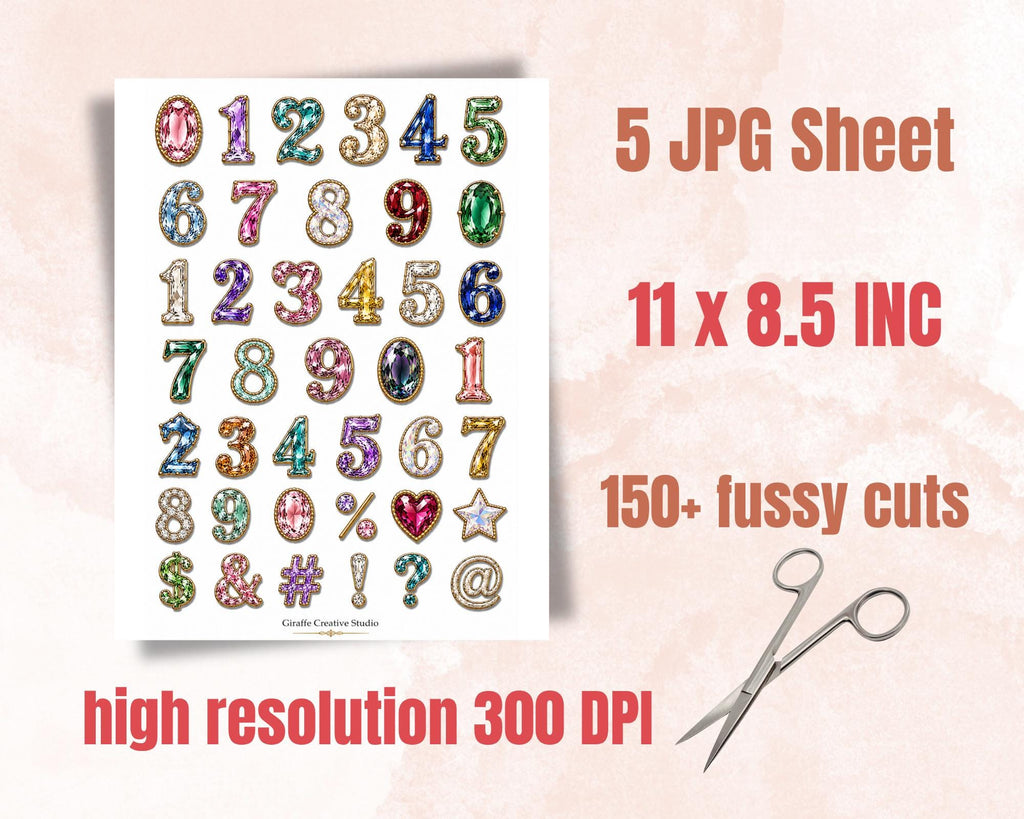 Gemstone Alphabet Fussy Cuts, 150+ Jewel Letters & Numbers, 5 Printable Sheets for Journals