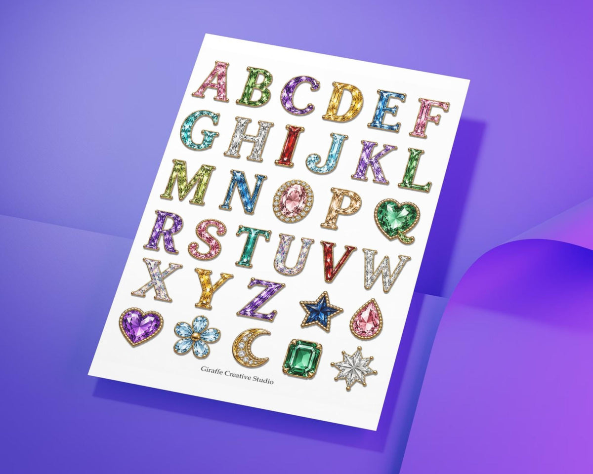Gemstone Alphabet Fussy Cuts, 150+ Jewel Letters & Numbers, 5 Printable Sheets for Journals