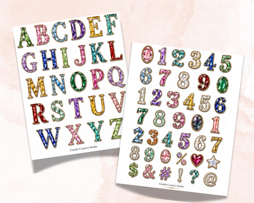 Gemstone Alphabet Fussy Cuts, 150+ Jewel Letters & Numbers, 5 Printable Sheets for Journals