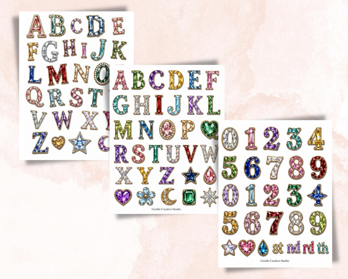 Gemstone Alphabet Fussy Cuts, 150+ Jewel Letters & Numbers, 5 Printable Sheets for Journals