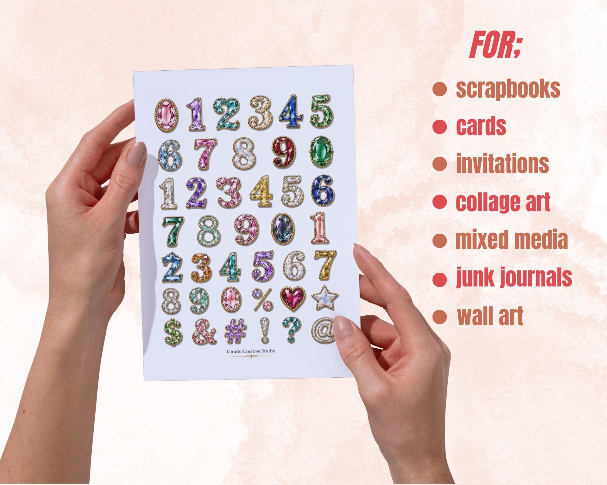 Gemstone Alphabet Fussy Cuts, 150+ Jewel Letters & Numbers, 5 Printable Sheets for Journals