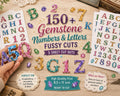 Gemstone Alphabet Fussy Cuts, 150+ Jewel Letters & Numbers, 5 Printable Sheets for Journals