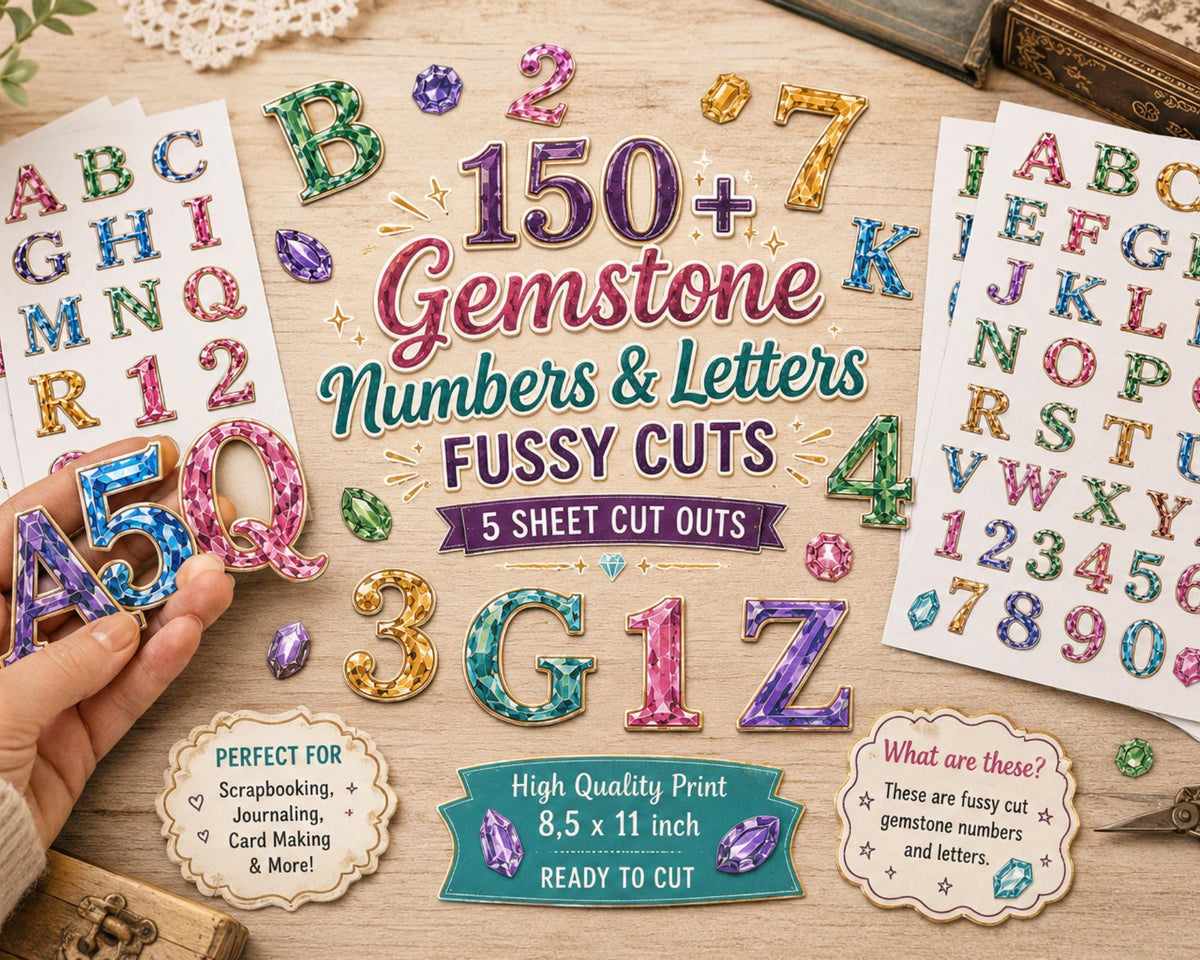 Gemstone Alphabet Fussy Cuts, 150+ Jewel Letters & Numbers, 5 Printable Sheets for Journals